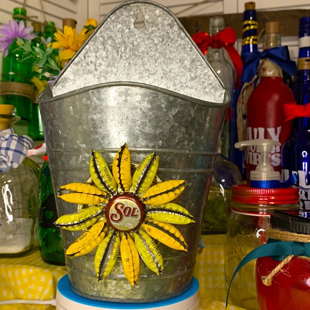 Hand Crafted-Yellow and Burgundy Bottle Cap metal art Flower magnet